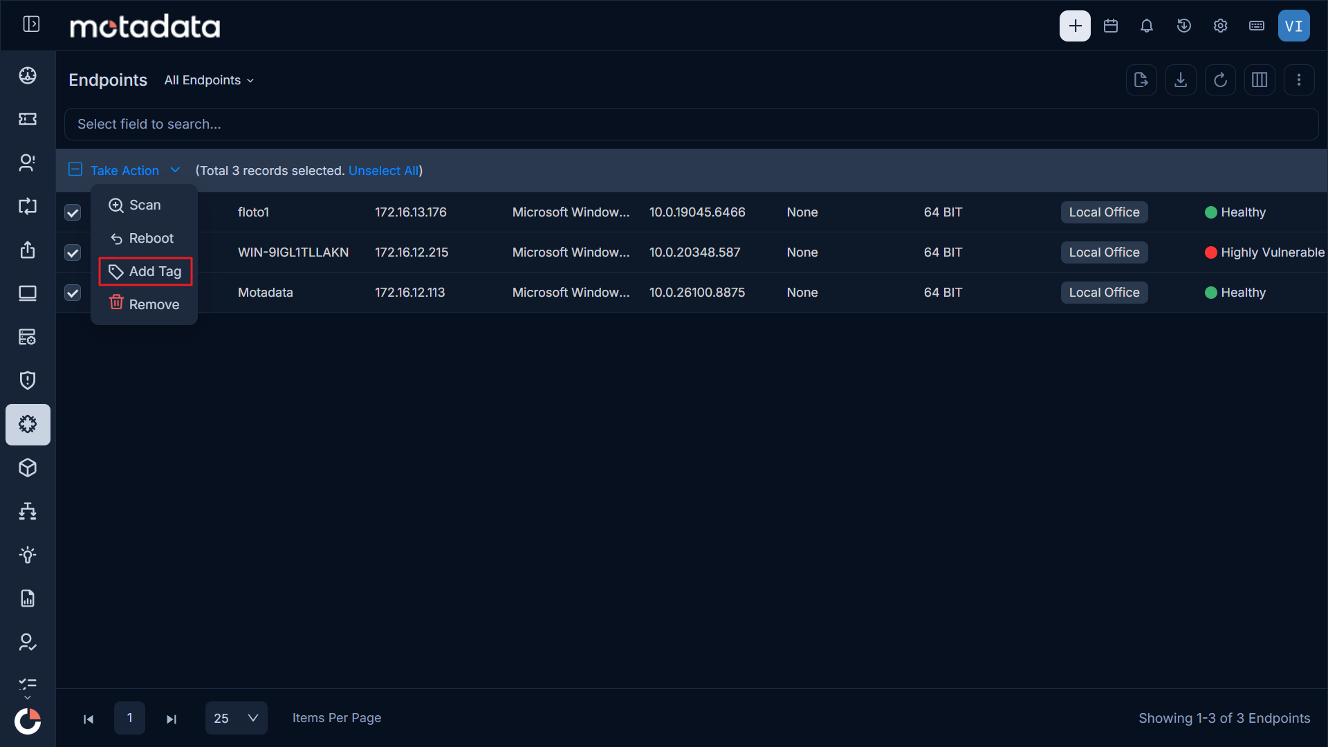 Add Tag option in the Take Action dropdown on the Endpoints list with multiple endpoints selected