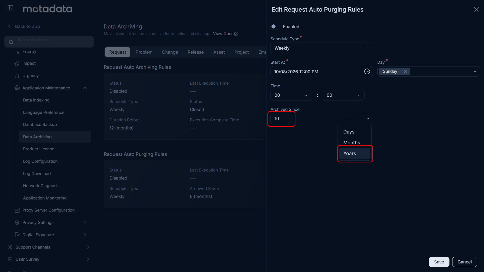 Auto Purging Rules configuration with the Archived Since retention period configured in years