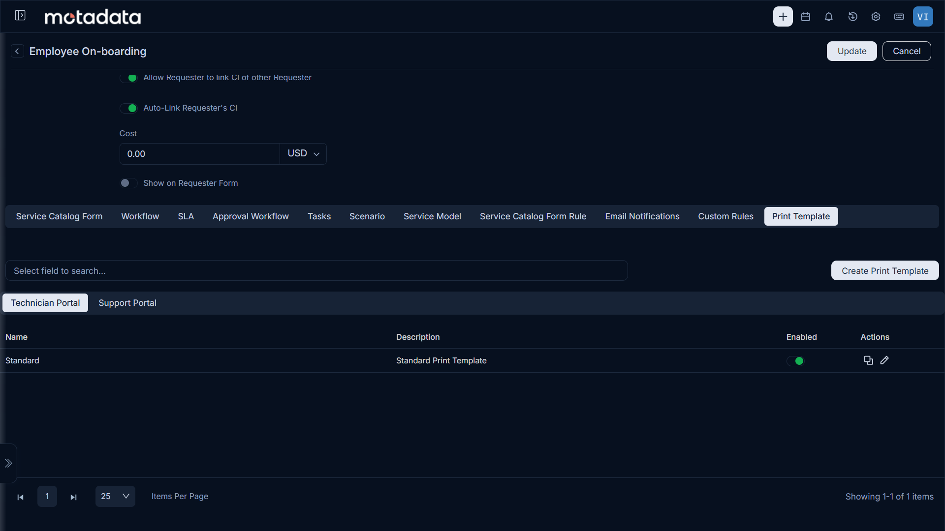 Print Template tab on a Service Catalog with separate Technician Portal and Support Portal tabs