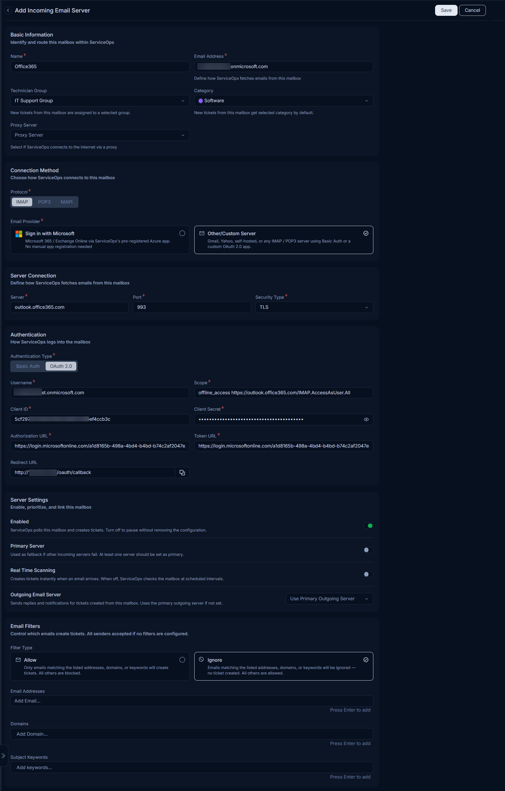Server Settings and Email Filters sections of the Outgoing Email Server configuration