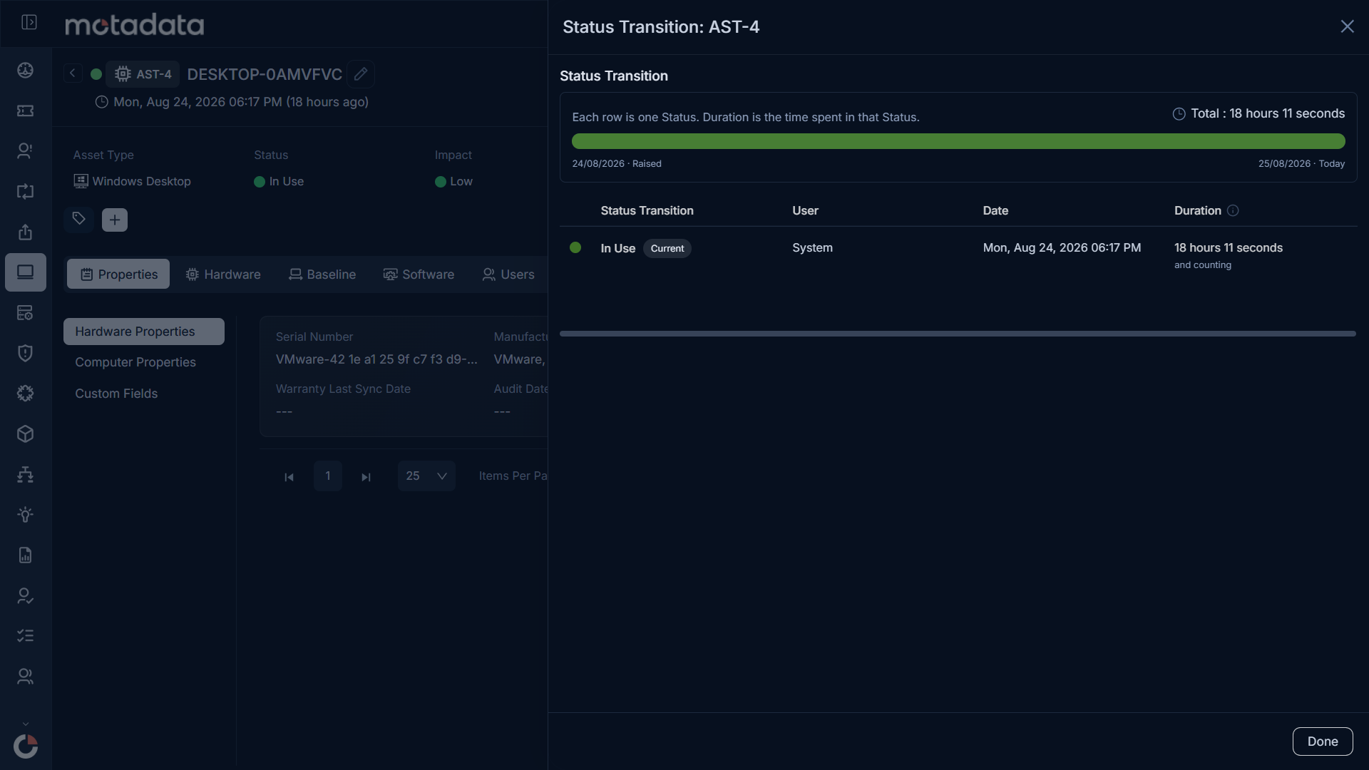 Status Transition view for a hardware asset showing each status, the user who set it, and the time spent in that status