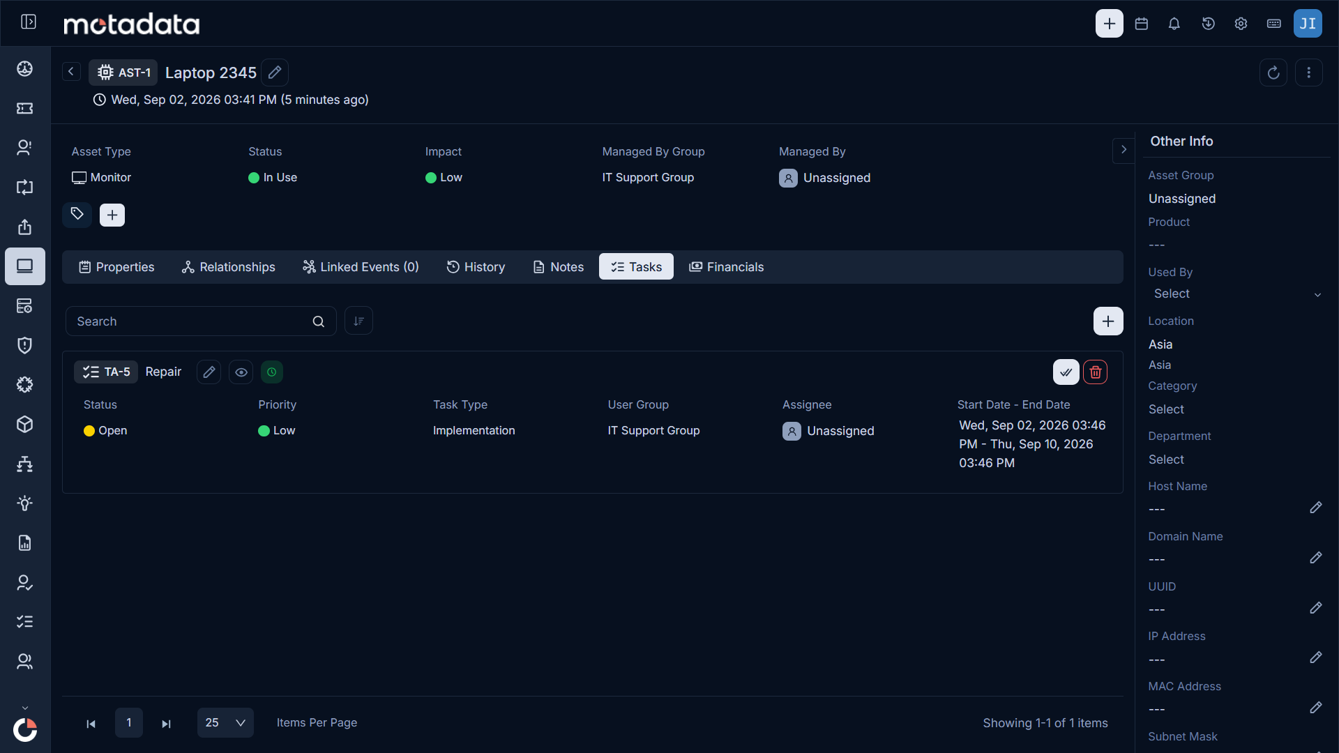 Tasks tab on an asset detail page listing a task with its status, priority, task type, assignee, and schedule