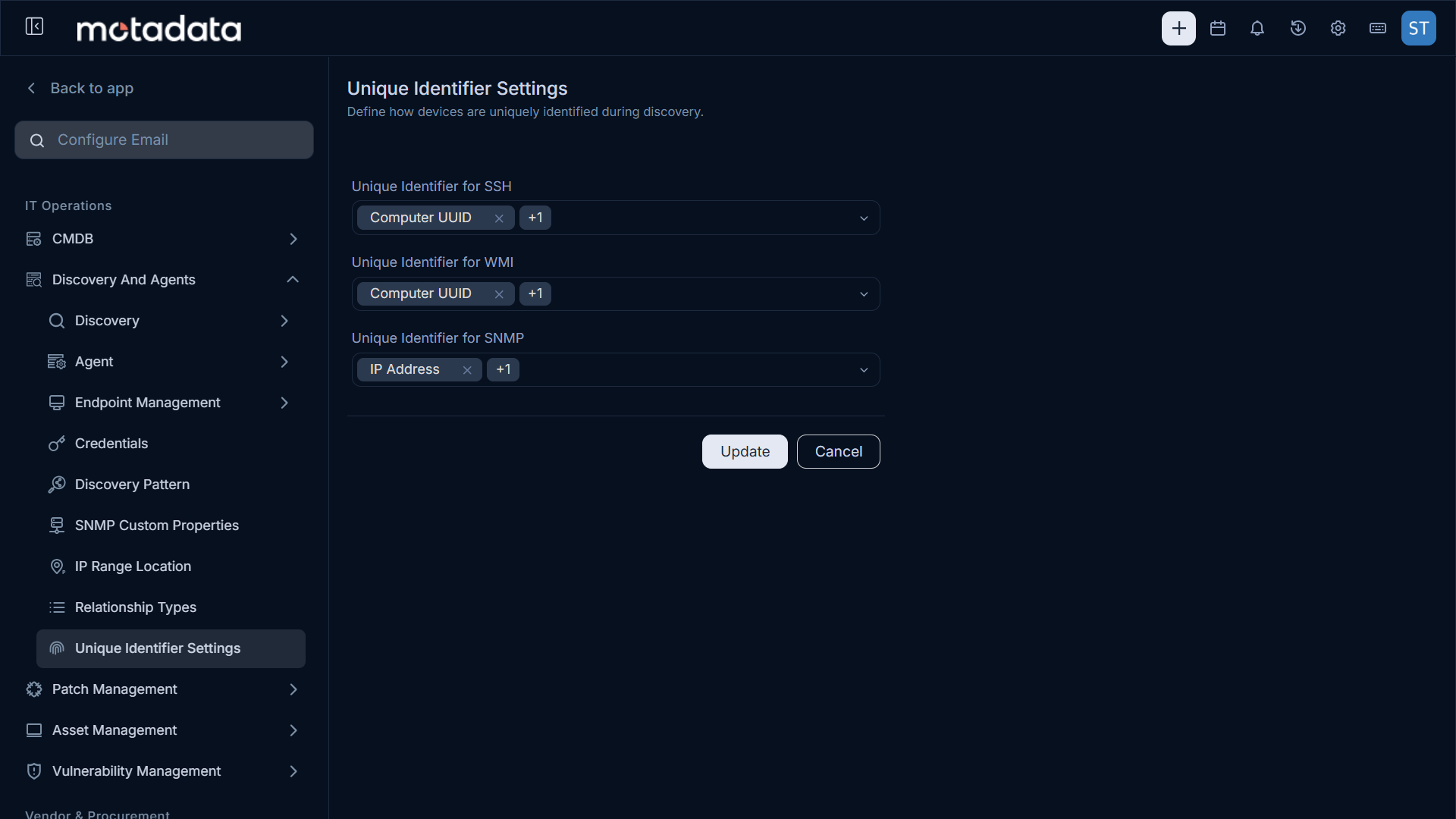 Unique Identifier Settings page under Discovery and Agents with separate identifiers for SSH, WMI, and SNMP